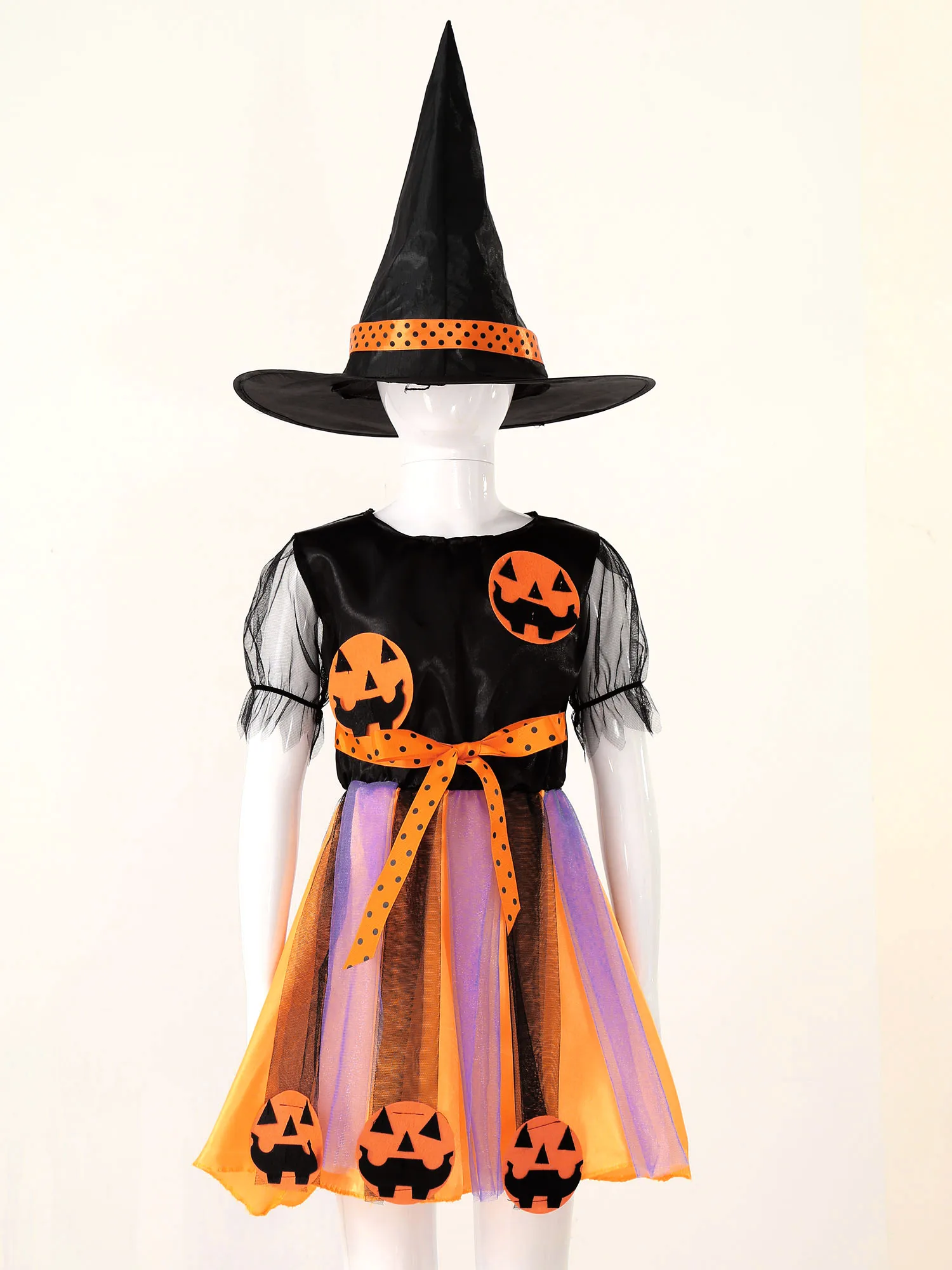 Vestido de Cosplay de bruja para niños, conjunto de vestido de tutú de calabaza para fiesta de carnaval, conjunto de vestido con sombrero puntiagudo