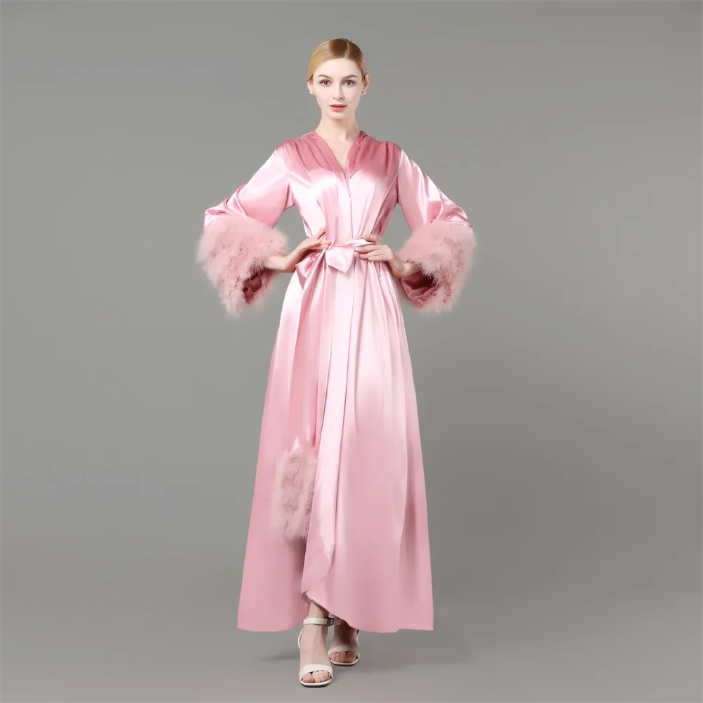 Pink Robe Maternity Prom Dresses Long Sleeves Fur Evening Gowns Kimono Pregnant Party Sleepwear Women Bathrobe Sheer Nightgown