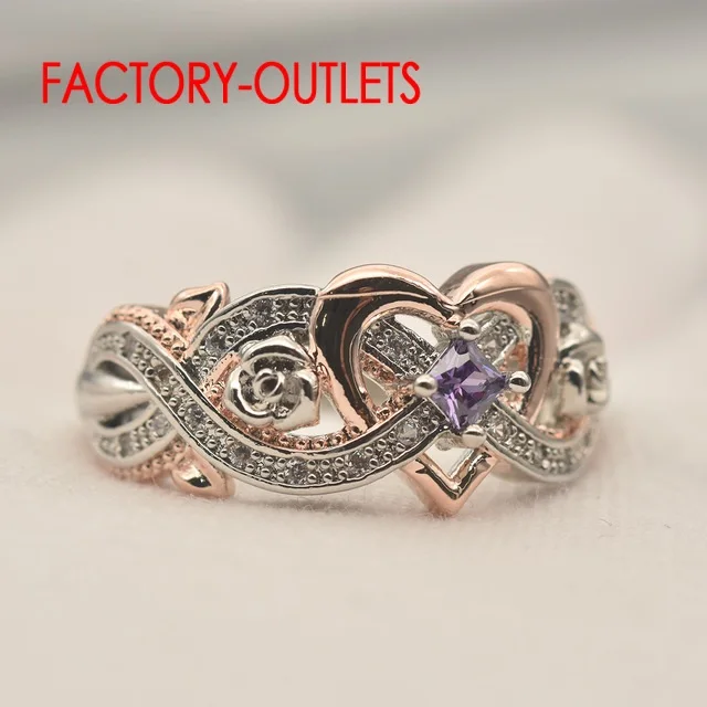 Authentic 925 Silver Color Heart Rose Pattern Finger Rings For Women With Purple Crystal Wedding Statement Anniversary Gifts