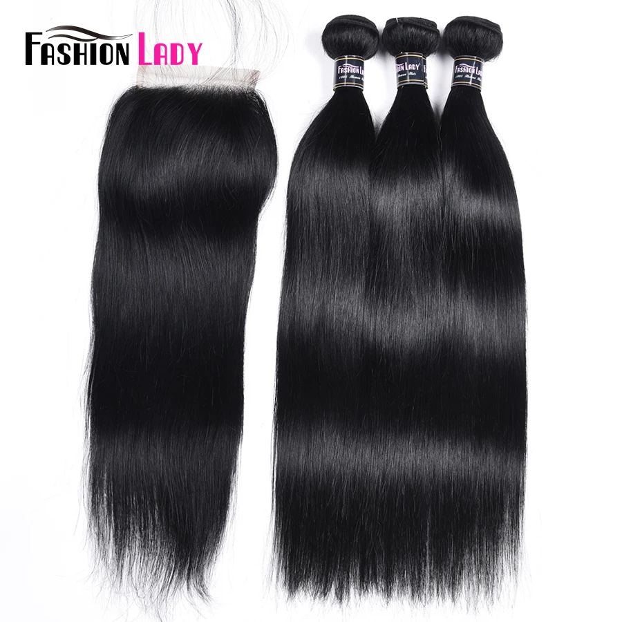 Jet Black Bone Straight Human Hair Bundles With Closure 4x4 Fashion Lady Brazilian Hair Weave 3 Bundles With Closure Non-remy