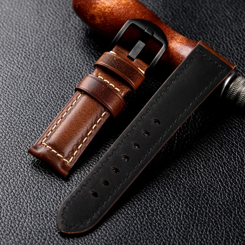 Handmade Leather Watchband 20 22 24MM Oily Cowhide Vintage Style, Brown Men Thick Model Suitable For PAM111 441