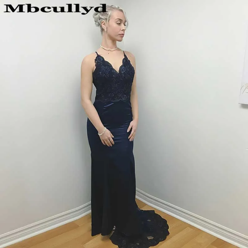 

Mbcullyd Navy Blue Mermaid Prom Dresses Long Applique Lace Formal Evening Dress For Women Cheap Plus Size Vestido De Festa