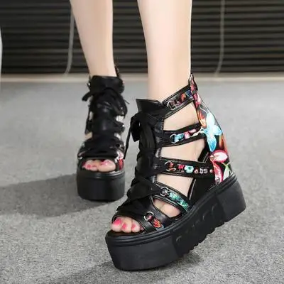 Hot Print Leisure Wedges Women's Shoes 2021 Summer Shoes Women Sandals Platform Shoelaces High Heels Casual Shoes Woman