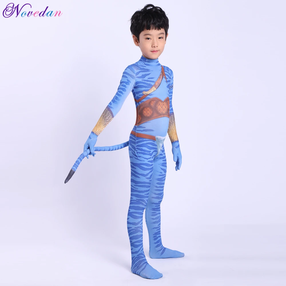 Girls Avatar 2 Neytiri Costumes Tail Suit Boys Jake Sully Cosplay Zentai Bodysuit Jumpsuit Kids Halloween Birthday Party Costume