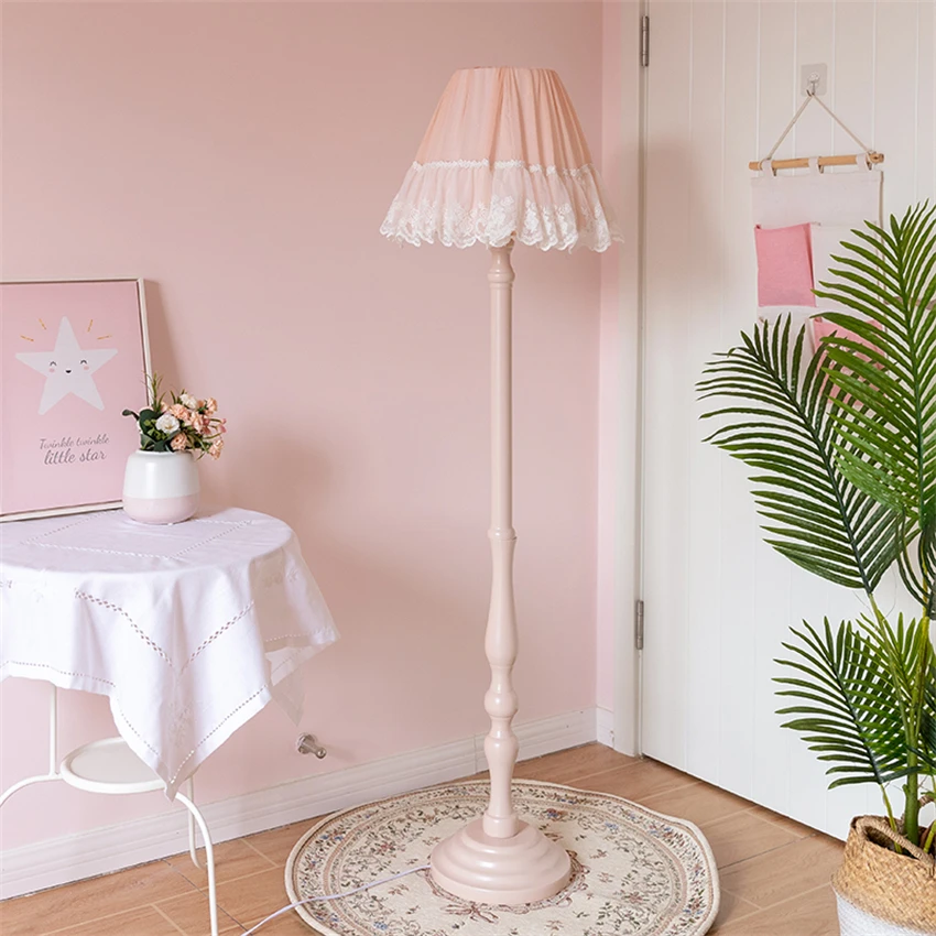 Nordic pink lace fabric straight pole floor lamps Princess Children's Room Pastoral Bedroom Living Room Standing Desk lights