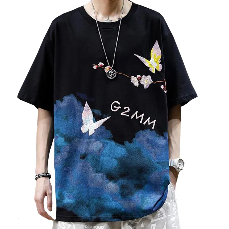 Fashion Summer Chinese Style Man T Shirt Tie-dye Embroidery Cherry Blossom Butterfly Male Tees Short Sleeves Tops