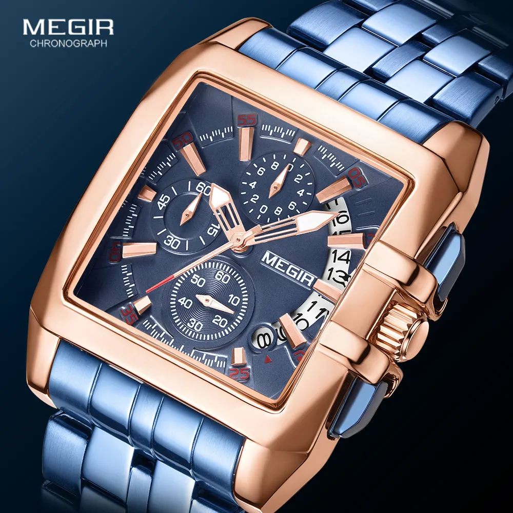 MEGIR Men\'s Stainless Steel Watches Men Fashion Luxury Blue Rose Gold Wristwatch Man Waterproof Luminous Military Sport Watch