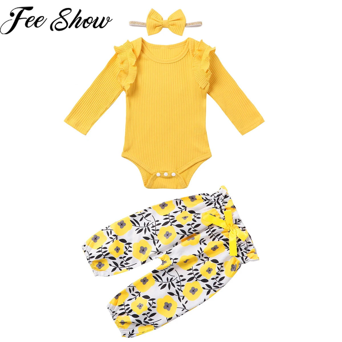 

0-24M Newborn Baby Girls Clothes 3Pcs Set Ruffle Kintted Romper Autumn Toddler Kids Long Sleeves Bow Flower Print Pants Headband