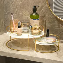 Modern Metal Frame Imitation Marble Glass Bottom Plate Storage Shelf Bathroom Wash Countertop Perfume Cosmetics Storage Rack Box