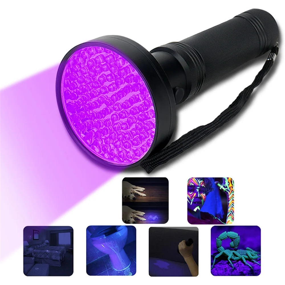 Imagem -02 - Lanterna Ultravioleta Black Shell Led Lâmpada de Luz uv 395nm Tocha de Alumínio a Pilhas Detector de Manchas de Urina para Cães 100leds