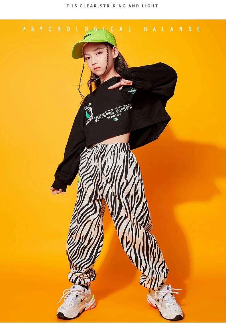 Kid Hip Hop Clothing Sweatshirt Crop Top Long Sleeve Zebra Print Streetwear Jogger Pants for Girls Jazz Dance Costume Clothes