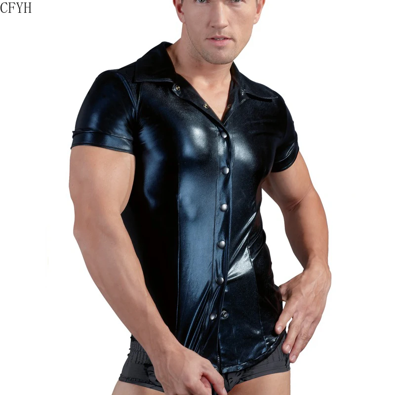 

Male's Sexy Shirts Erotic Leather Faux Button Night Club Stage Performance Costume Men's PVC Tops Tees Motorcycle Clothing