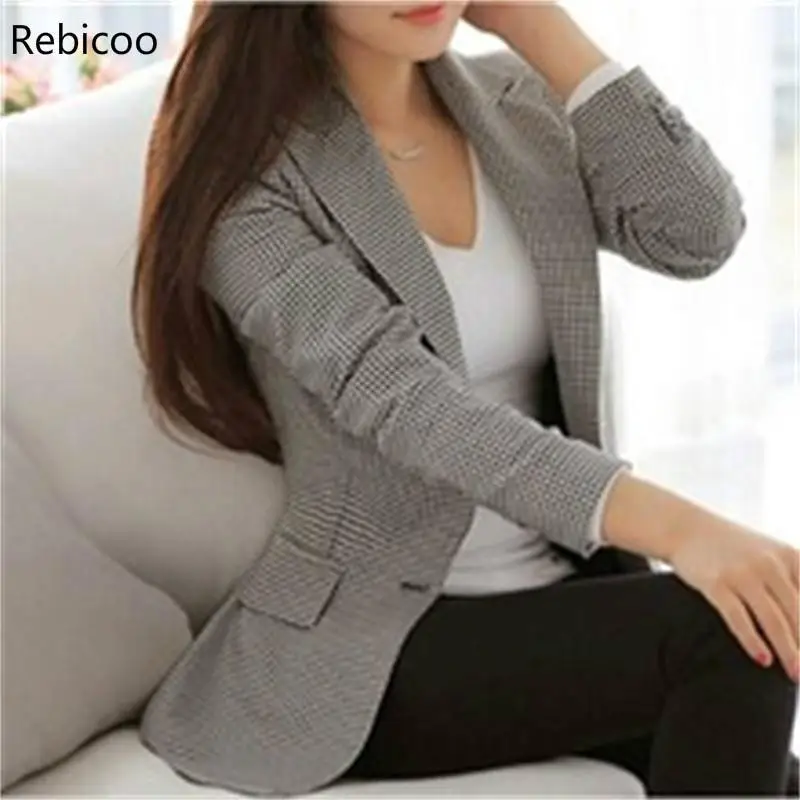 

New Women Ladies Long Sleeve Work Wear Blazer Casual Female Outerwear Plaid Women Blazers Jackets Suit