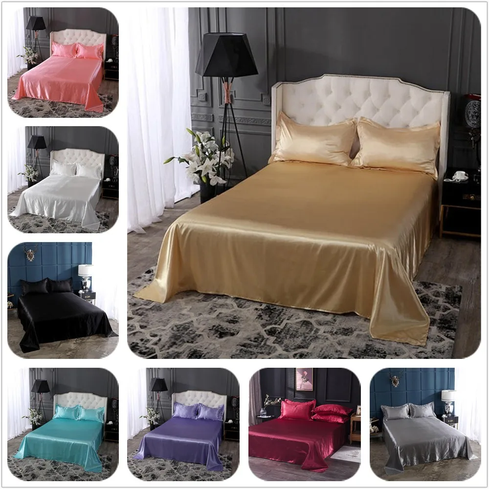 

3Pcs Luxury Satin Silk Flat Bed Sheet Set Single Queen Size King Size Bedspread Cover Linen Sheets Double Full Double Sexy