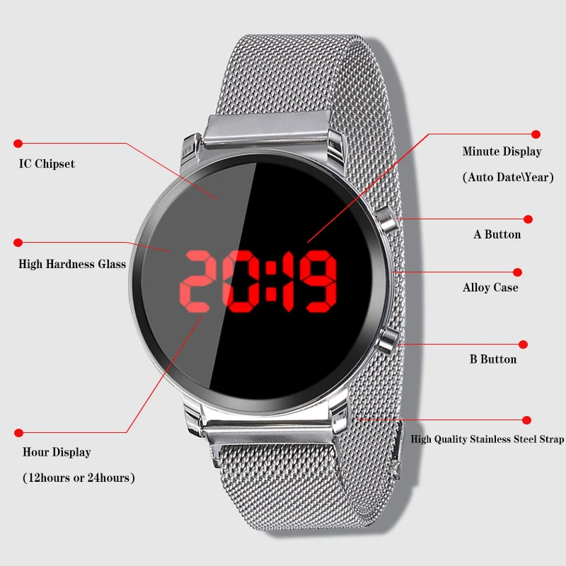 Round LED Watch Men Digital Watches Electronic Clock Men Wristwatch Stainless Steel Women Watches Female Watch Relogio Masculino