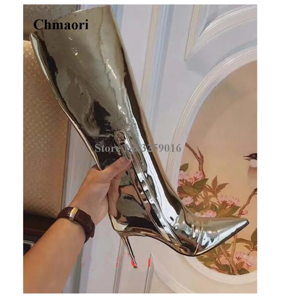 

Pointed Toe Silver Patent Leather Knee High Mirror Boots 2021 Hot Selling Women Fashion Sexy Thin Heel Long High Heel Boots