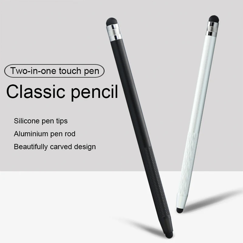 Caneta capacitiva 2 em 1 de silicone duplo para celular com design gravado