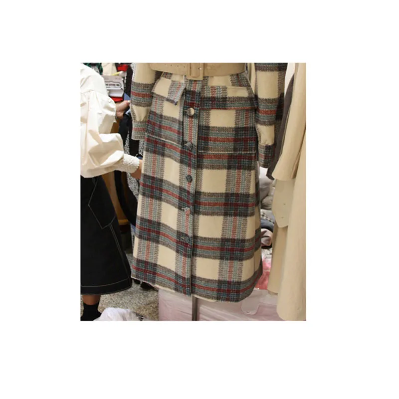 Novel Spring Turn Down Collar Women Woolen Coat Plaid Print Elegant Wool Jacket Women Autumn Long Coat Casaco Feminino