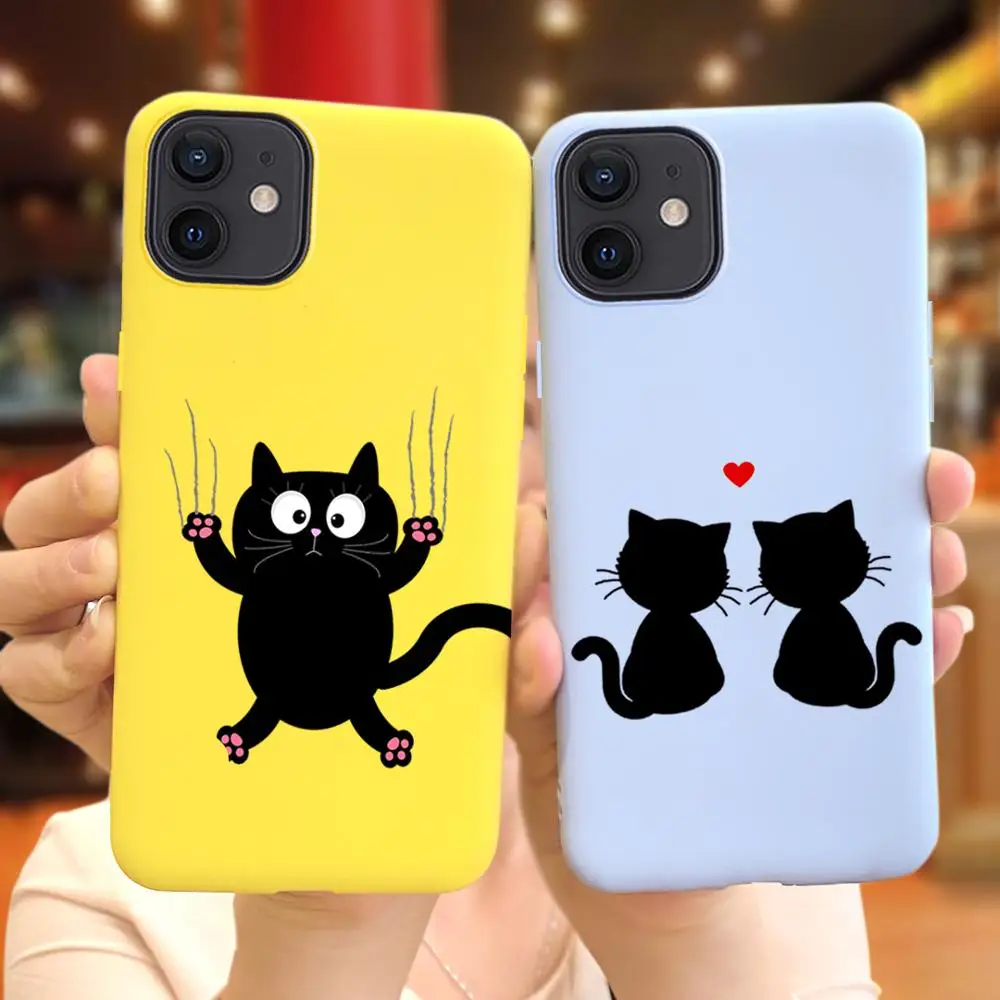 Cartoon TPU Silicone Phone Case for IPhone 12 SE 11 Pro X XS MAX XR 8 7 6s Plus 5 5s Cute Little Black Cat Cases Back Cover