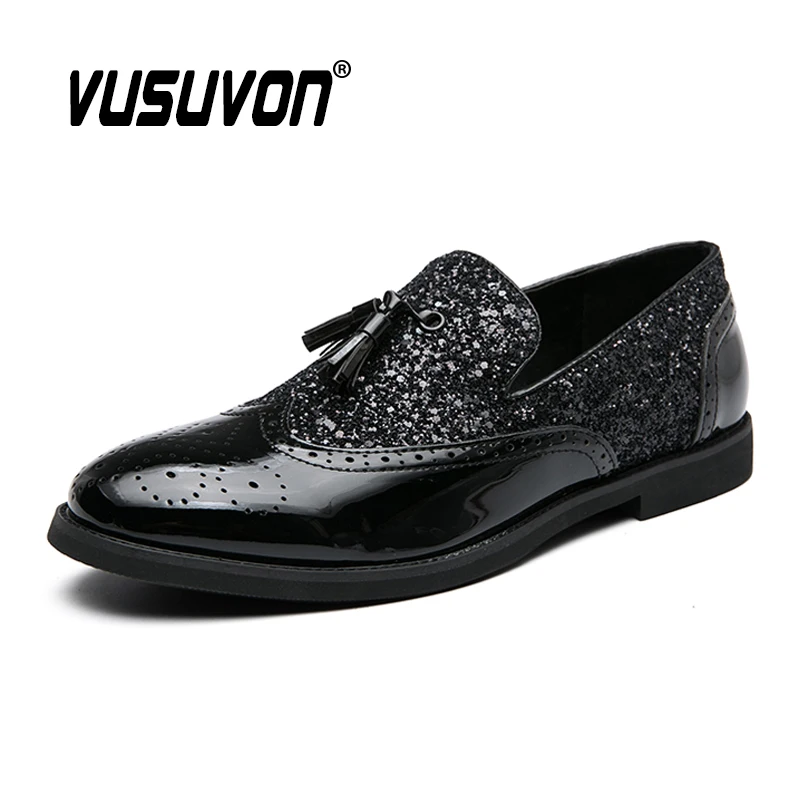 Fashion Tassel Men Loafers Gold Sequin Men Leather Dress Shoes Non-slip Rubber Bar Party Wedding Oxford Brogue Shoes Size 38-48