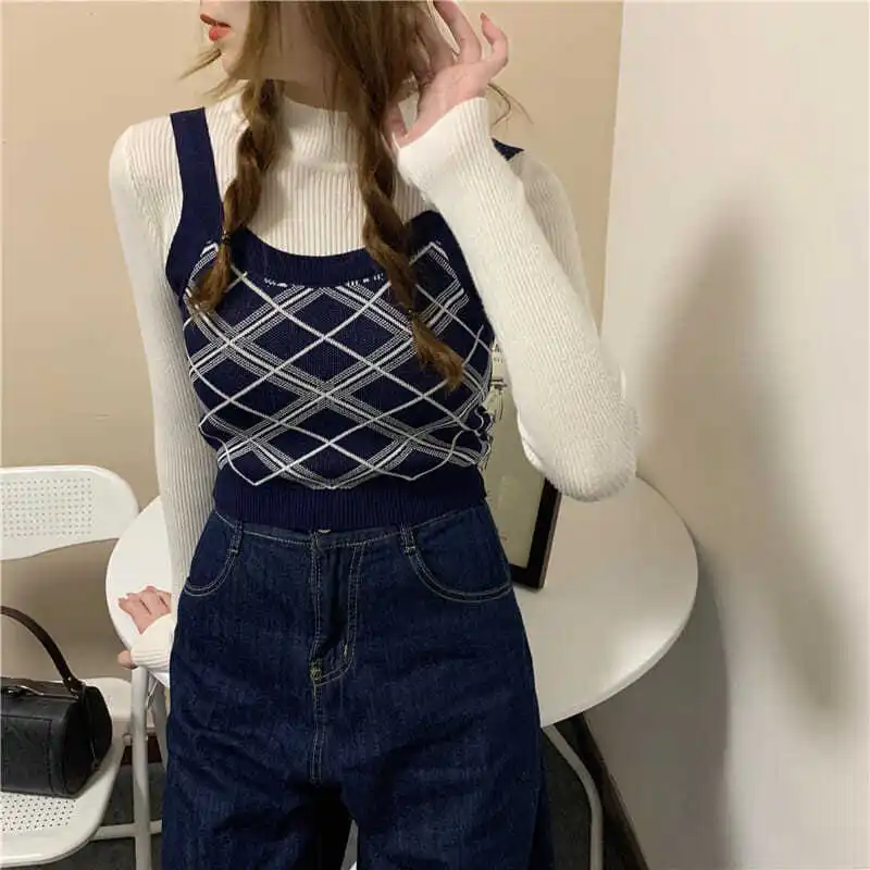 Plaid Sweater Vest Women Sleeveless Sweaters O-neck Design Spliced Cropped All-match Korean Style New Arrival Streetwear Mujer