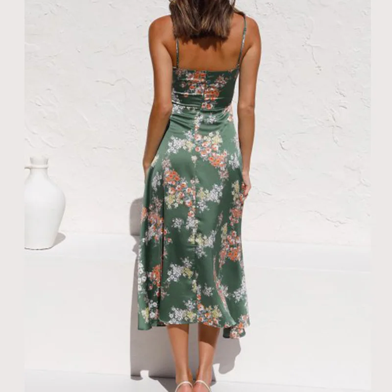 Skmy verão férias vestido de espaguete cinta com decote em v oco sexy sem mangas verde impresso split midi vestido roupas femininas