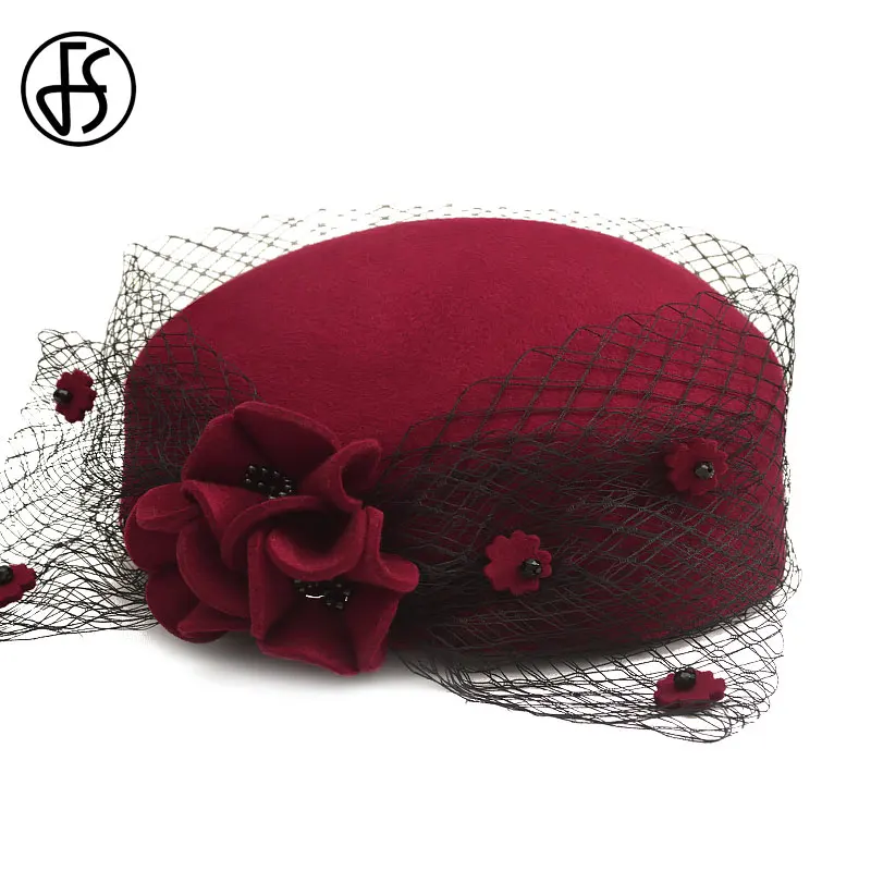 FS 2021 New Fascinator Hat With Veil Women Wedding Church Party Cocktail Pillbox Hats Flowers Derby Winter Bridal Red Black Hats