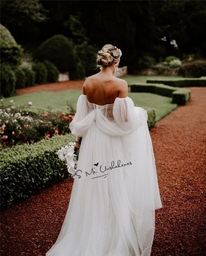 Sexy Open Schouder Lange Bladerdeeg Mouw Trouwjurk Vintage Bridal Jurken 2021 Kralen Een Lijn Goedkope Strand Bruidsjurken Vestidos