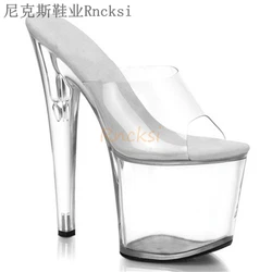 Rncksi 20cm high-heeled shoes model walked the catwalk thin heels, crystal clear platform sandals, oversize shoes