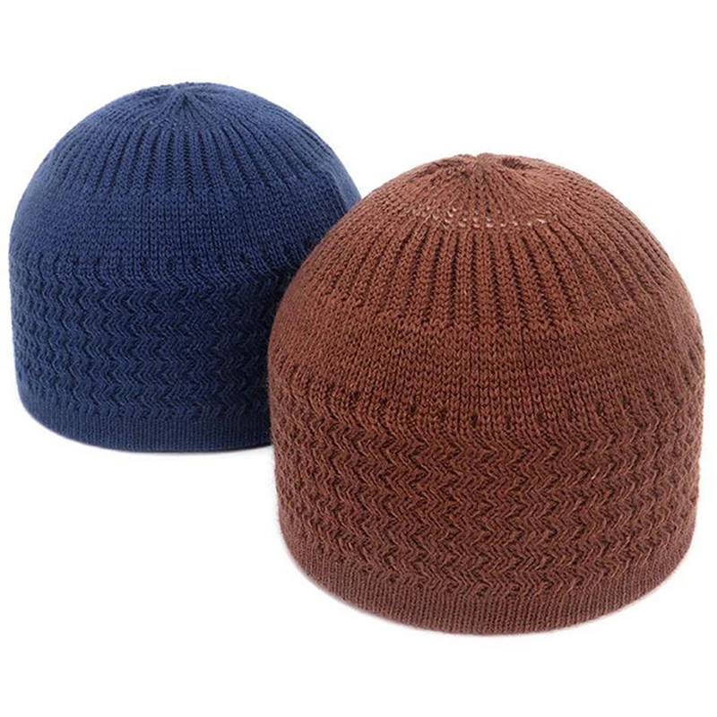 Gorros de oración musulmanes de punto para hombres, gorros masculinos cálidos, gorro islámico de Ramadán, sombrero judío, gorro envolvente para la