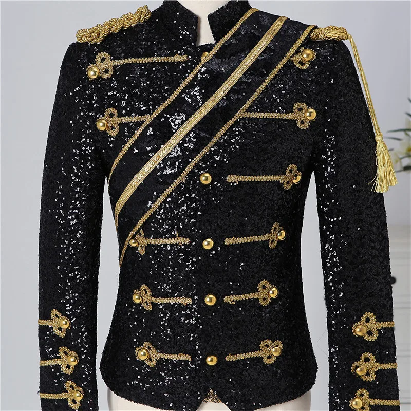 Black White Sequins Epaulet Jacket Bar Nightclub Men's Rock Singer Band Costume Slim Stand Coat England Style Court Dress