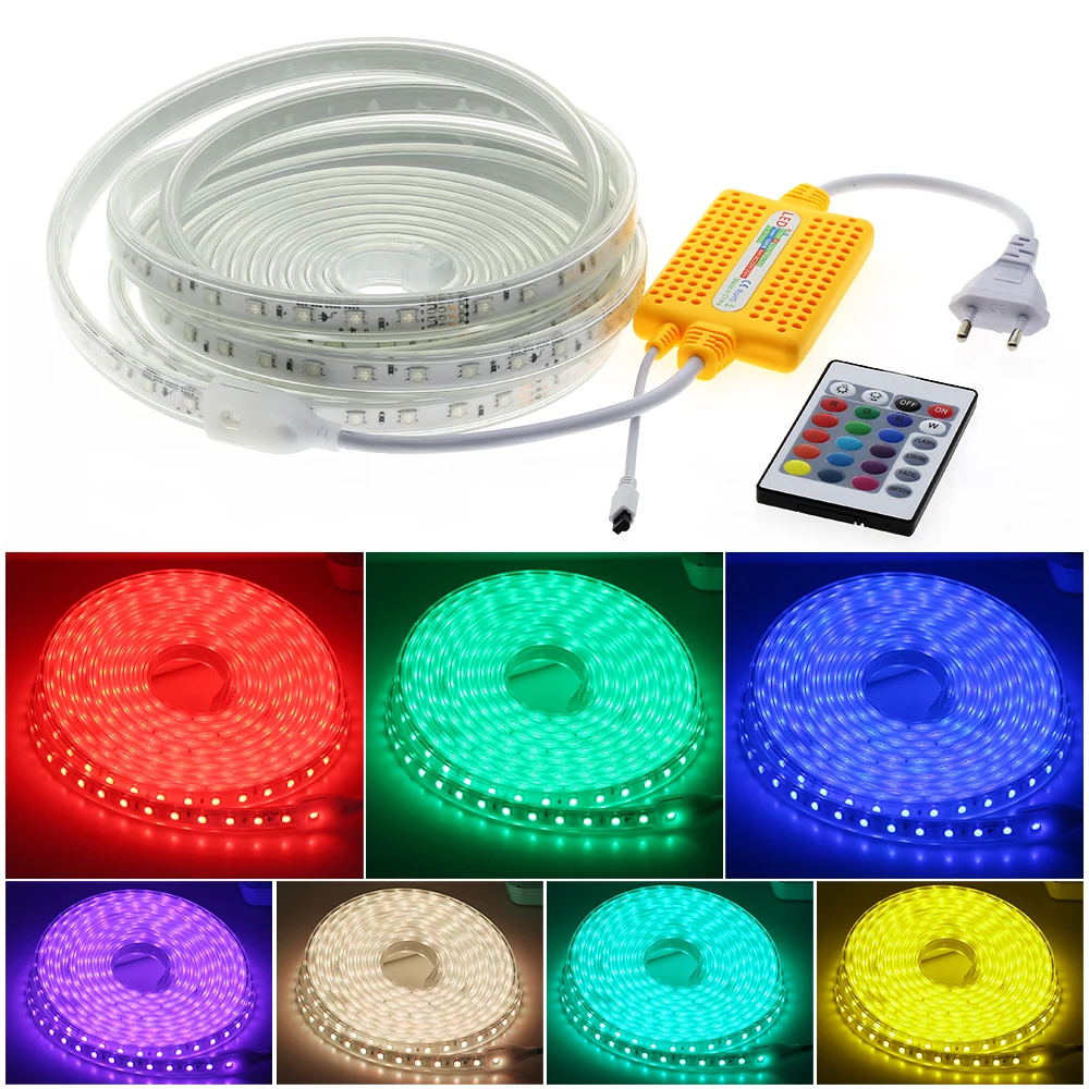 220V RGB LED Strip SMD5050 with IR Remote Controller IP67 Waterproof Outdoor Use Flexible LED Light Strip RGB 1m - 15m Set