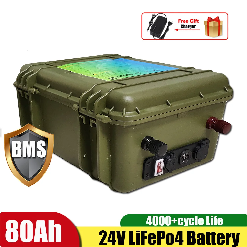 

24V 120Ah 80Ah LiFepo4 Lithium Iron Battery Pack 4000 Times for Solar System Inverter RV Motorhome Boat+10A charger