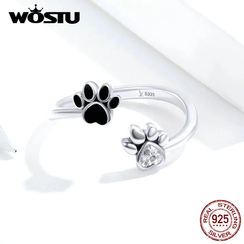 WOSTU 100% 925 Sterling Silver Paw Dog Pets\' Footprint Ring For Women Wedding Engagement Adjustable Rings Fashion Jewelry CQR605