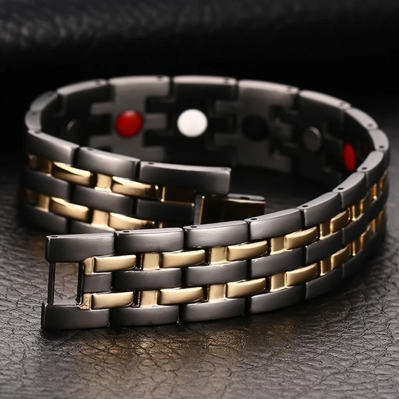 Vinterly Health Bracelets Mens Hand Chain Black Gold-color Energy Magnetic 15mm Wide Stainless Steel Jewelry For Male Waterproof