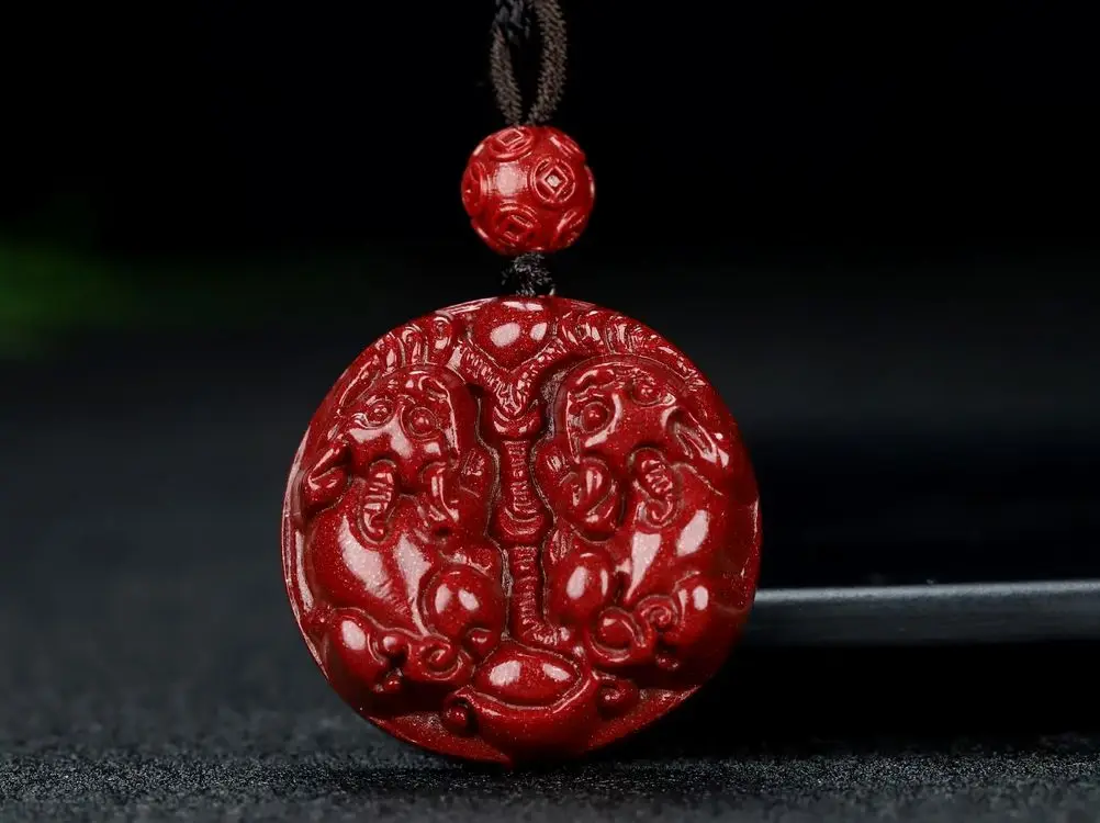 

Magical Costly Cinnabar Two Lucky Beast Amulet Pendant Hanging Pi Xiu Bring Wealth Mascot Churinga