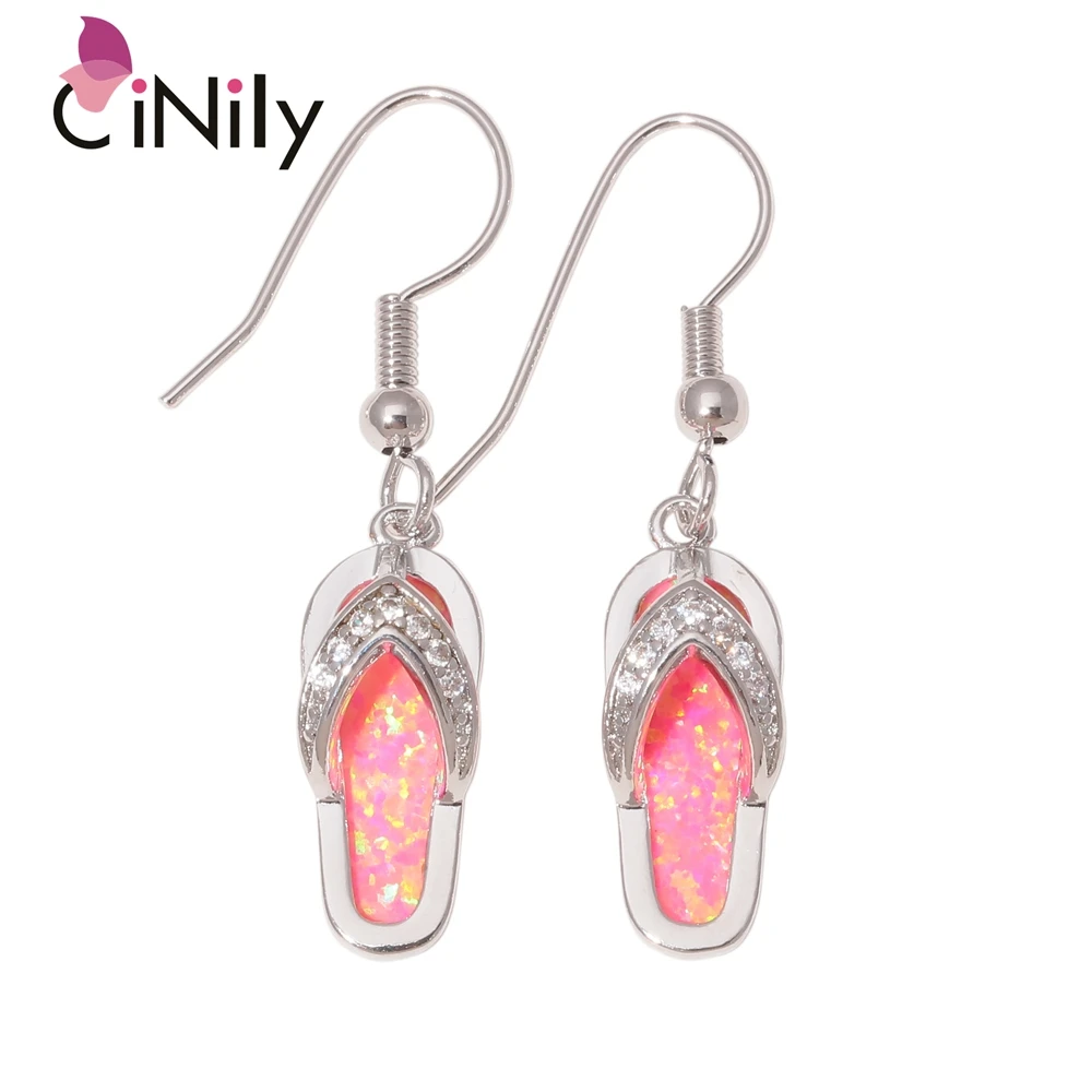 CiNily Pink Fire Opal Silver Plated  White Zircon Exquisite and Beautiful Flip Flops Dangle Earrings for Girls Jewelry