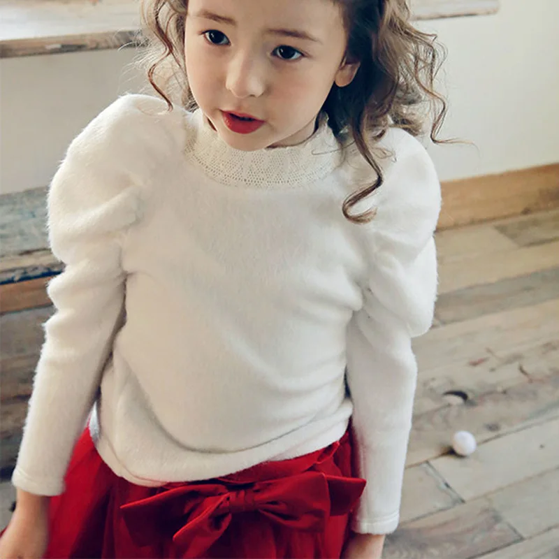 

Kids Sweaters for Girl Lace Collar Plush Knitted Sweater for Girls Cute Turtleneck Shirts Children Baby Girl Winter Clothes