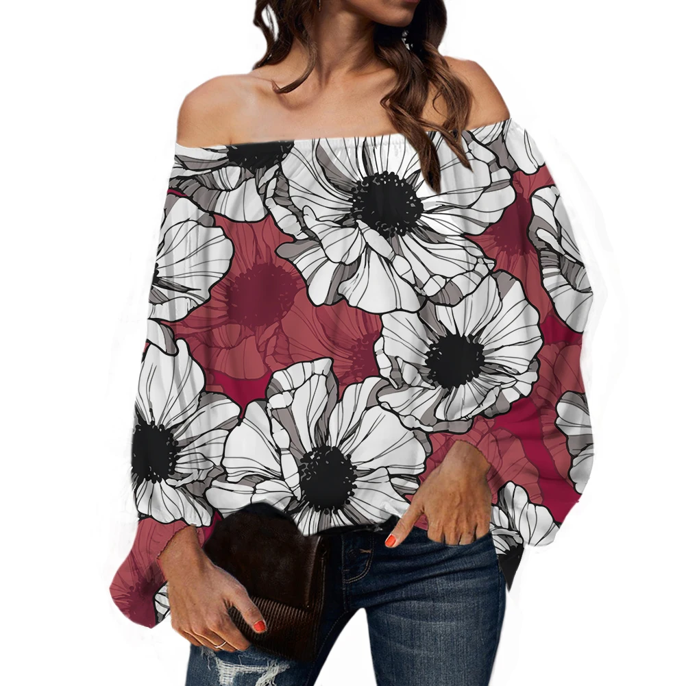 

Polynesian Hibiscus Printing Loose Top Fashion Woman Blouses 2021 Off Shoulders Long Sleeve Casual Chiffon Sexy Women Shirts