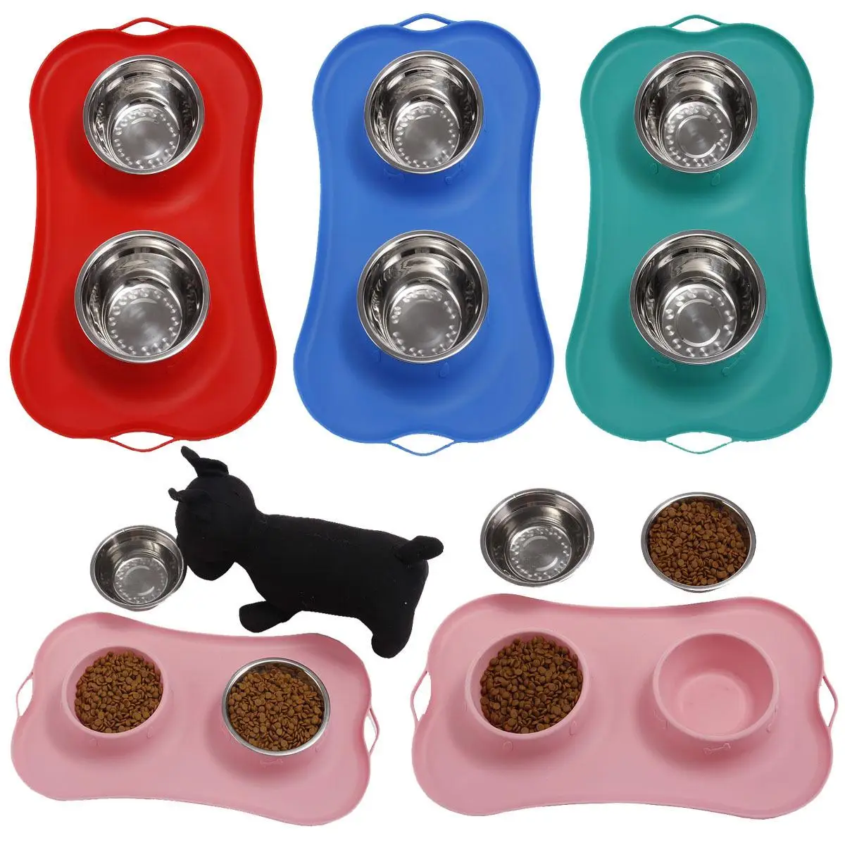 

Silicone dog bowl Pet double Portable dog bowl Antiskid anti pour pet feeding bowl With hanging ring function Pet supplies WE049