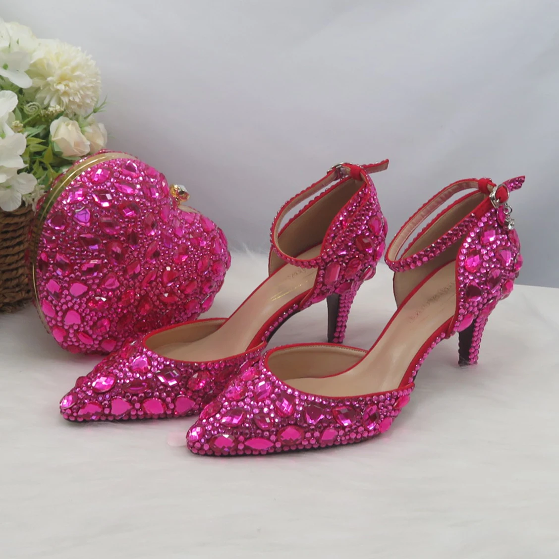 2023 New Arrival Summer Fuschia Pink Bridal Wedding Shoes and purse Ladies Big size Ankle Strap party  shoes bag set Pointed Toe