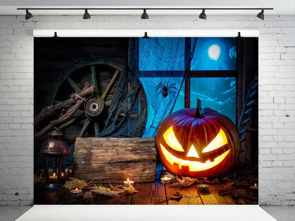 

VinylBDS Halloween Moonlight Photography Backgrounds Pumpkin Backgrounds For Photo Studio Cotton Washable Studio Backdrop