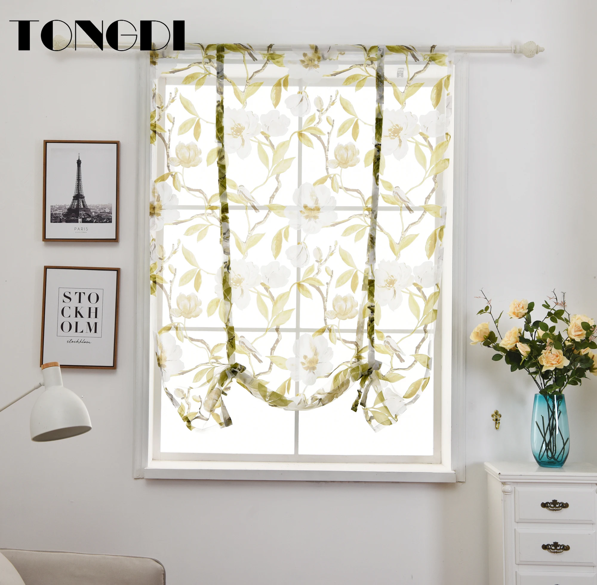 

TONGDI Tulle Print Curtain Pastoral Elegant Brids Leaves Floral Transparent Decor For Spring KitchenParlour LivingRoom Bedroom