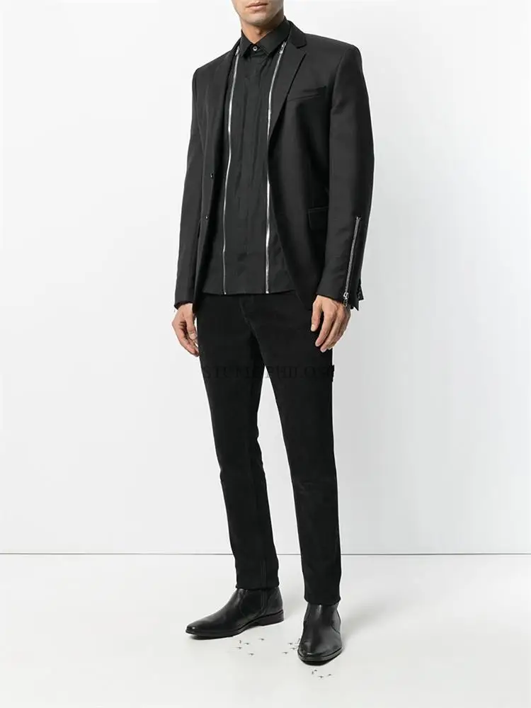 Men's new singer stage style runway show dark casual shirt zipper splicing design slim men's large shirt