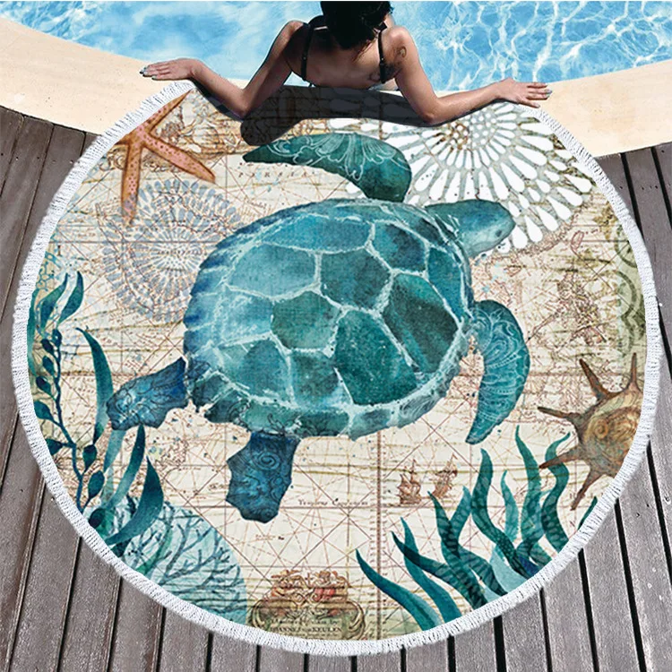 Microfiber Marine Biological Printing Round Picnic Mat Sea Portable Quick Drying Outdoor Holiday Foldable Microfiber Beach Towel