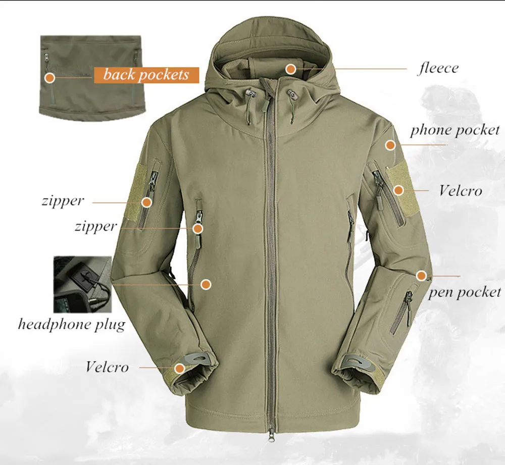 Mens Tactical Jacket Hiking Shark Skin Soft Shell Clothes Windbreaker Flight Pilot Hood Outdoors Fleece Field Jacket Pants