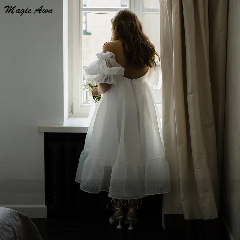 Magic Awn Off The Shoudler White Wedding Dresses 2021 Organza Tea-Length Boho Wedding Party Gowns For Women Robe De Mariée