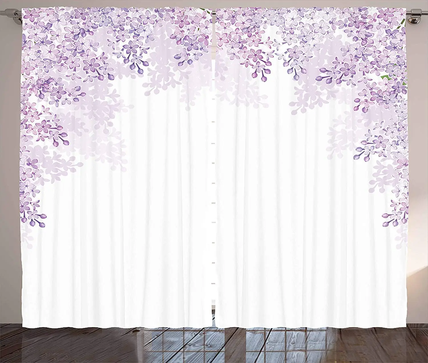 Flower Curtains Framing Lilac Flowers in Blossom Vernal Season Soothing Color Shades Living Room Bedroom Window Drapes