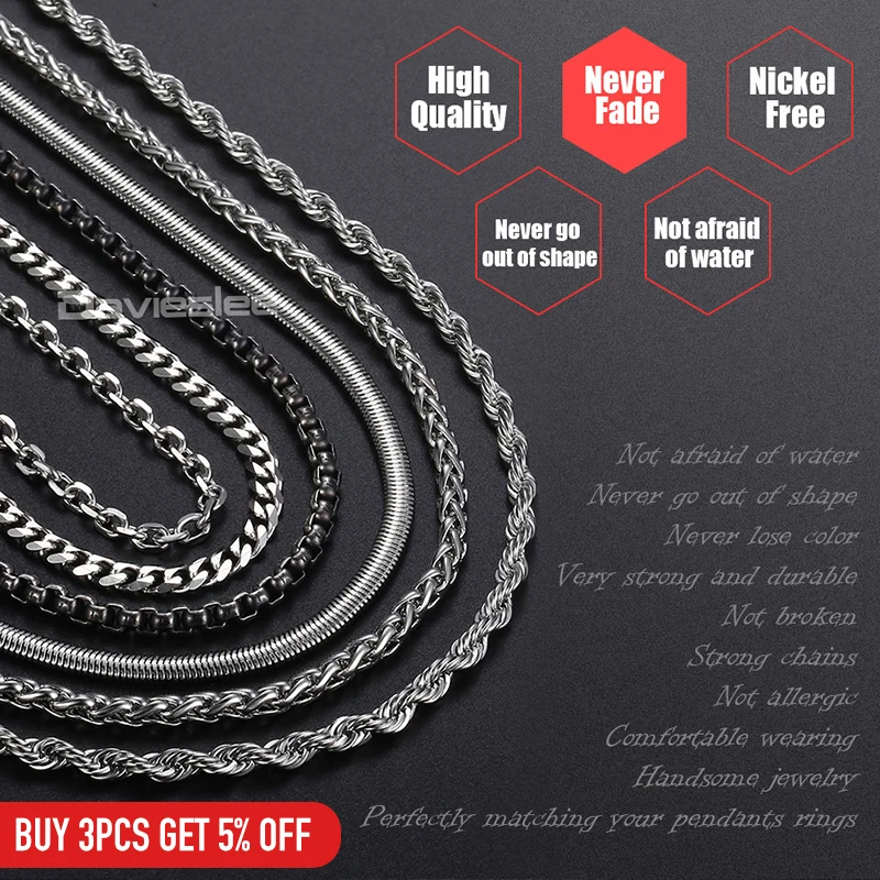 Davieslee Chain Necklaces For Men Stainless Steel Silver Color Rolo Wheat Box Snake Chains Mens Necklace 3mm 18-26inch LKNN1 image 2
