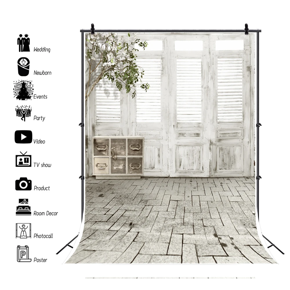 

Laeacco Vinyl Backgrounds Old Rural House Gray Wooden Door Brick Floor Baby Portrait Photographic Backdrops Photo Studio